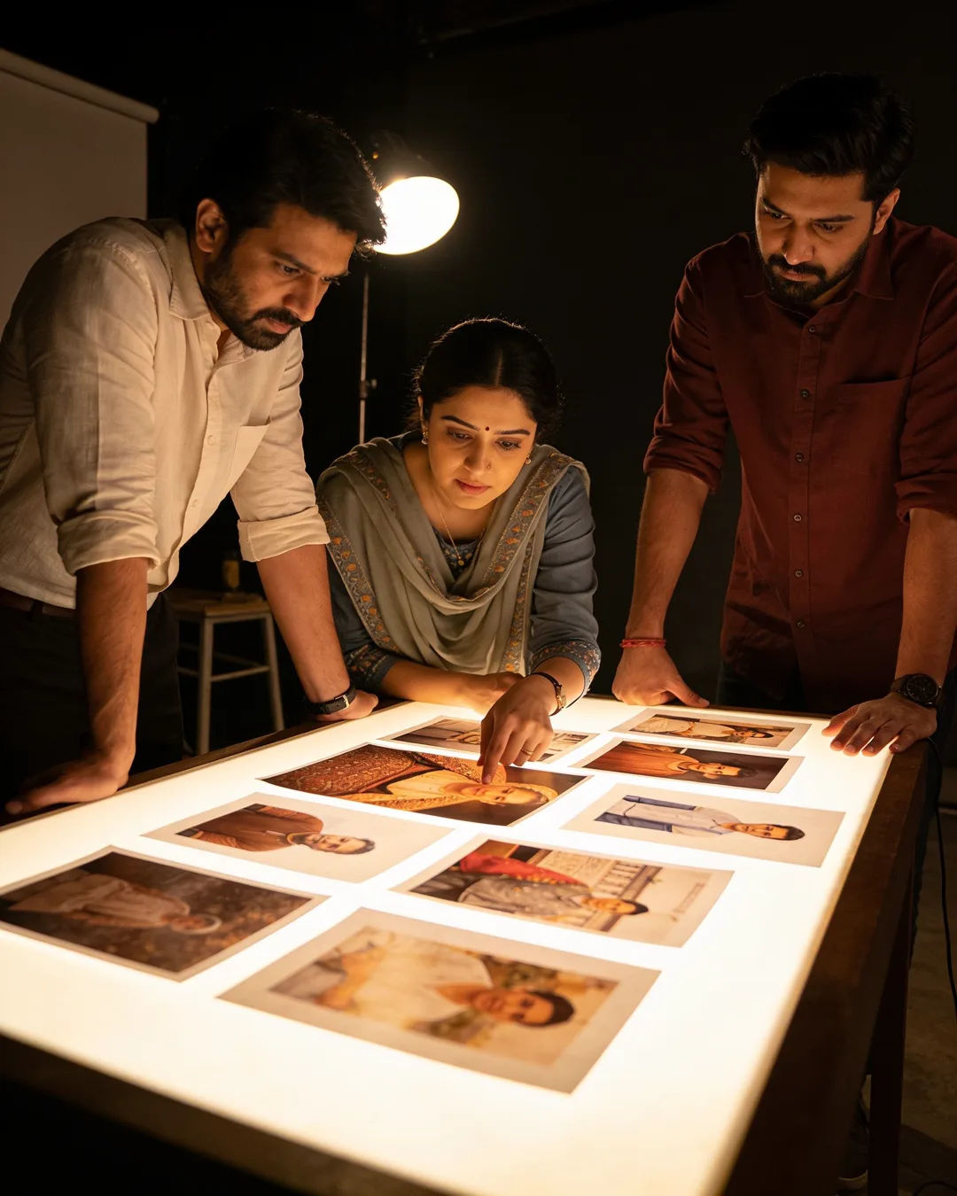 A Dogra Indian from Jammu production team reviewing printed frames on a lit table