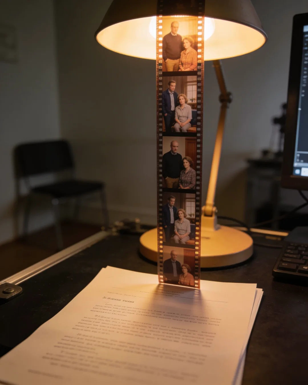 A screenplay page under a desk lamp beside a strip of film frames from a Dutch family drama