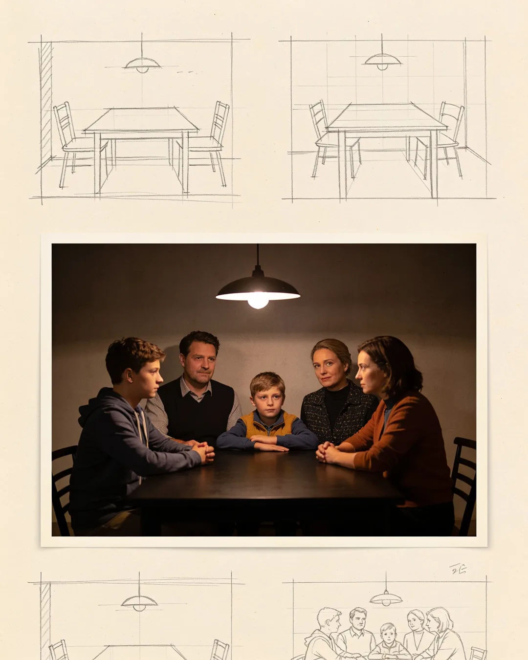 Pencil storyboard sketches around a finished photo of a Dutch family scene