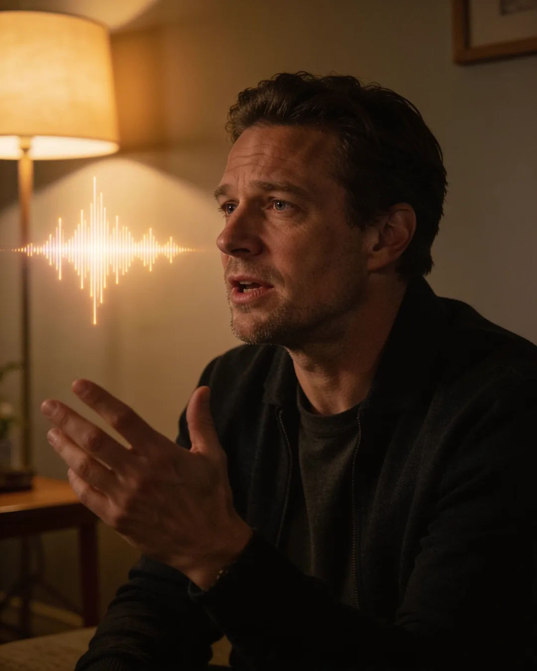 A Dutch man speaking at home at night, a sound waveform beside him