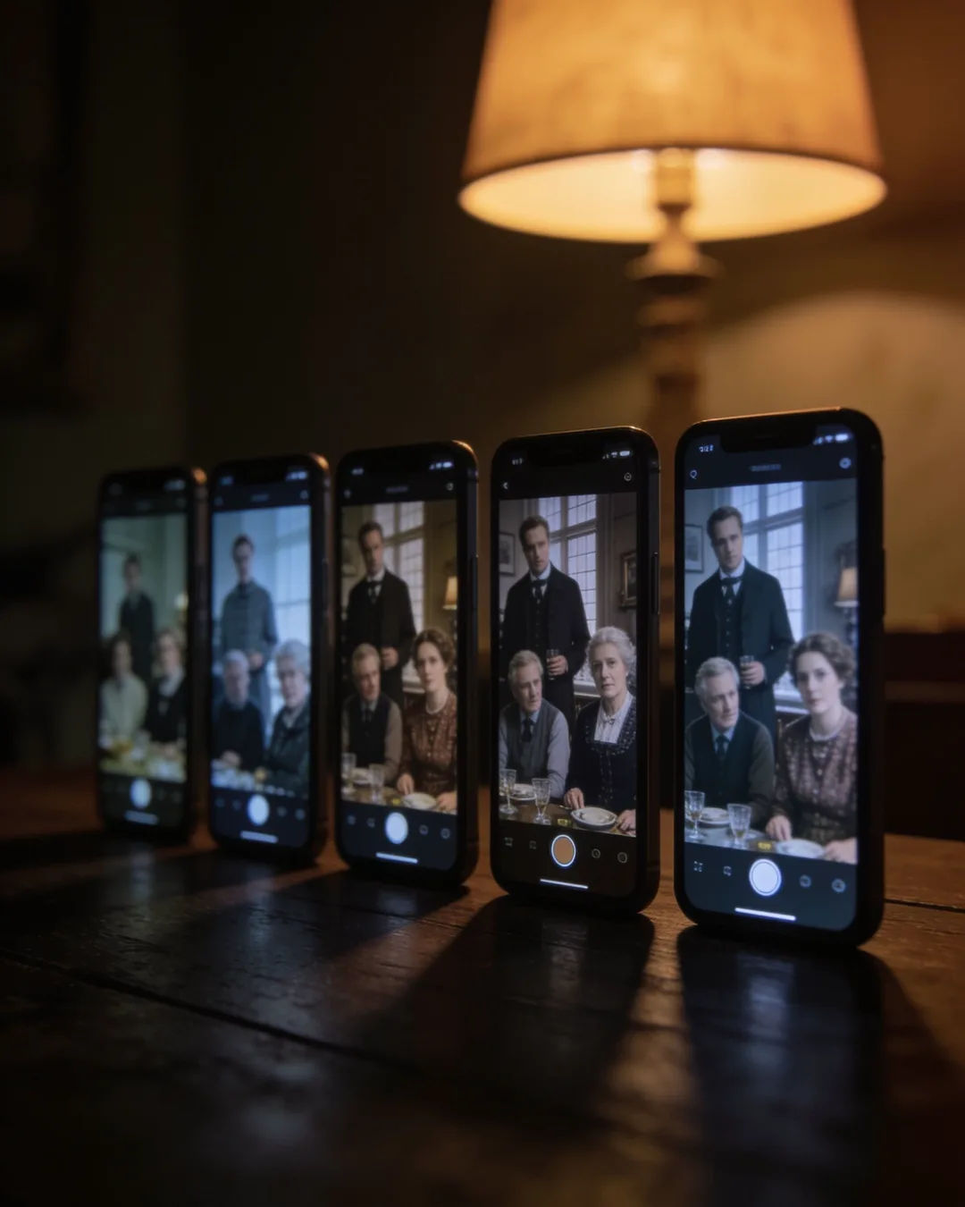 A row of phones showing episodes of the same Dutch drama series