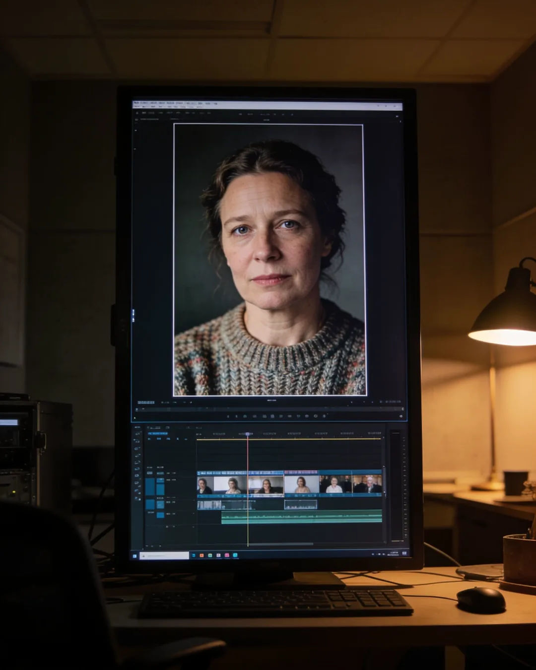 An editing suite with a vertical frame of a Dutch woman in a knit sweater above a timeline