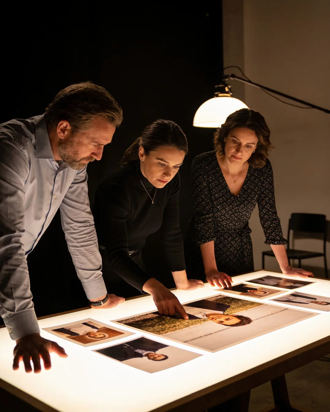 A Dutch production team reviewing printed frames on a lit table