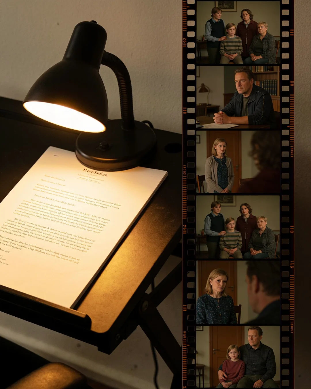 A screenplay page under a desk lamp beside a strip of film frames from an Estonian family drama