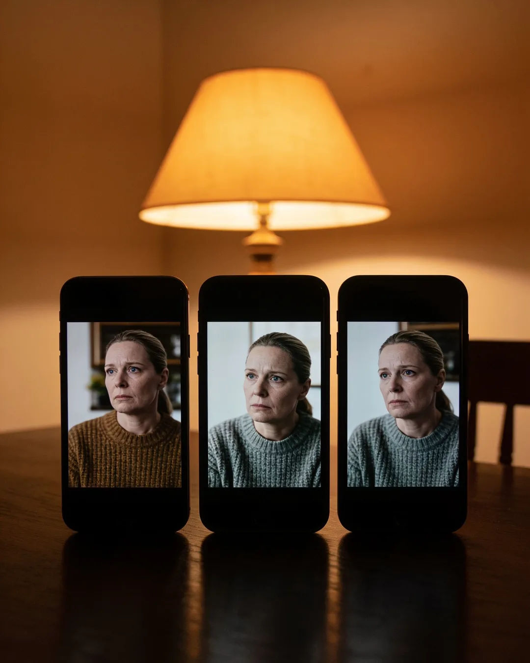 The same Estonian woman in a wool sweater on three vertical phone screens