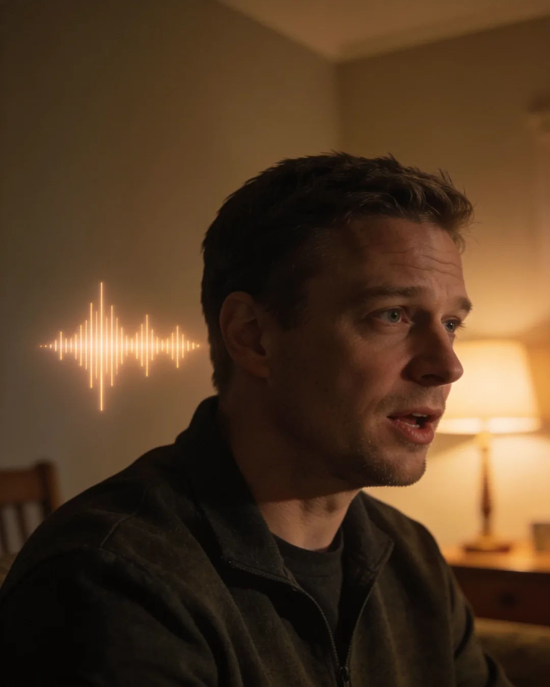An Estonian man speaking at home at night, a sound waveform beside him