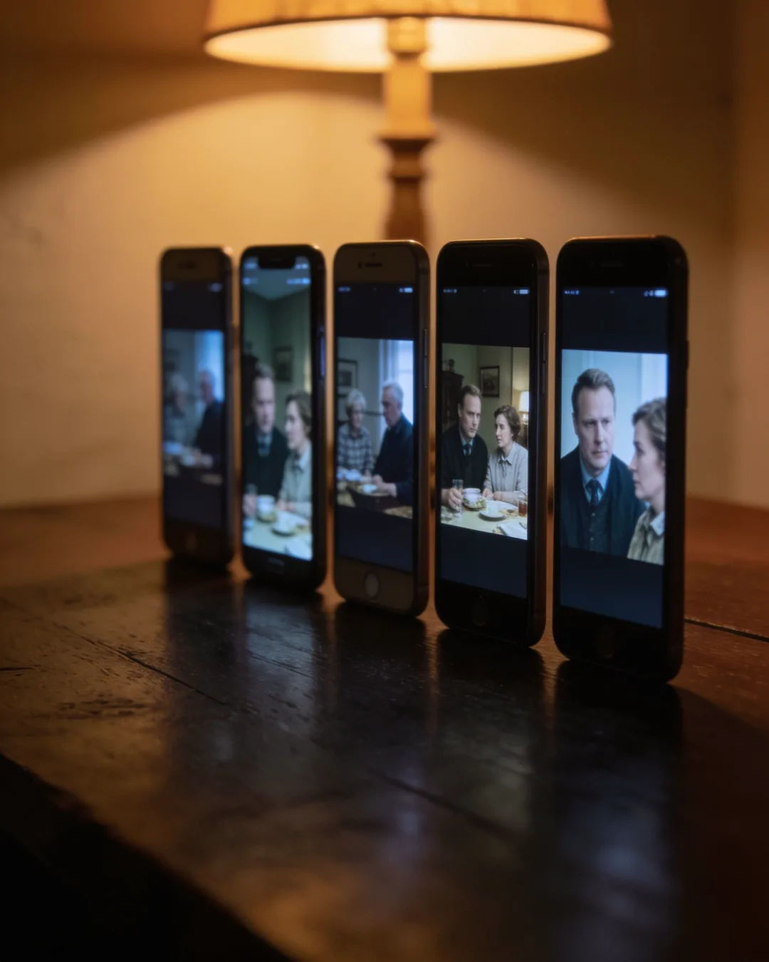 A row of phones showing episodes of the same Estonian drama series