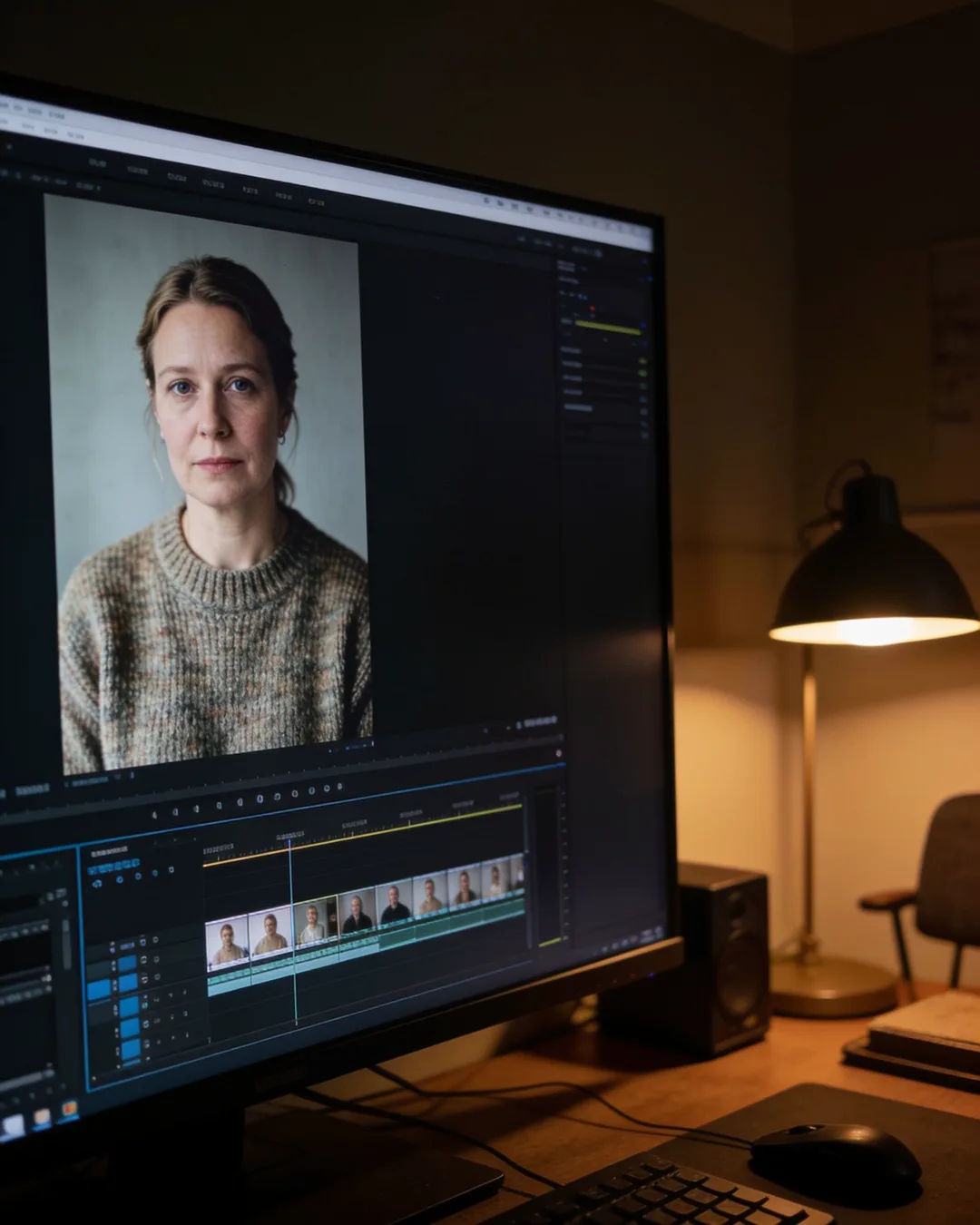 An editing suite with a vertical frame of an Estonian woman in a wool sweater above a timeline