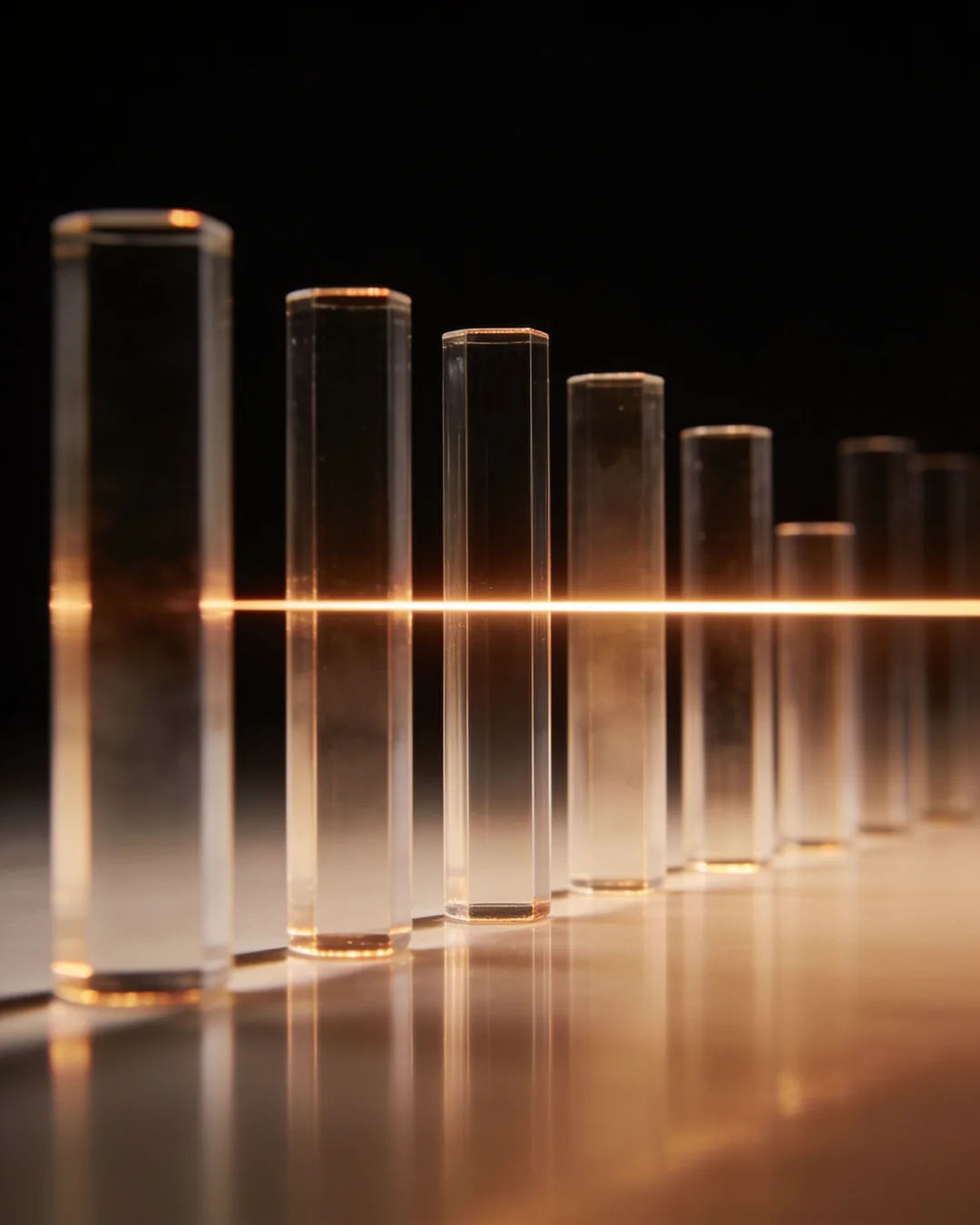 Glass columns of different heights with a glowing limit line