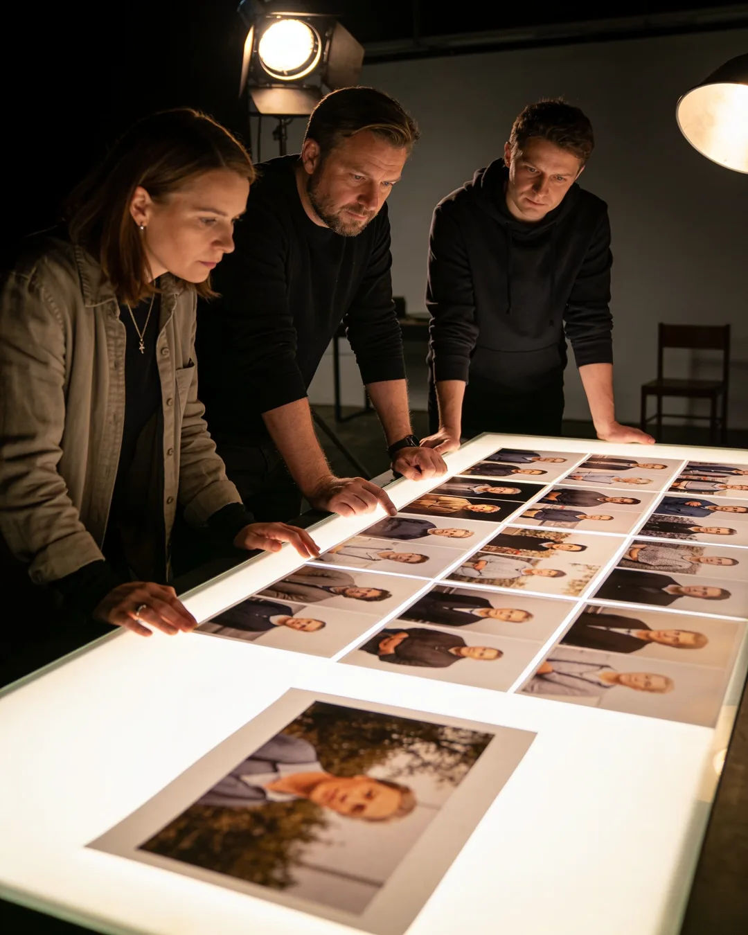 An Estonian production team reviewing printed frames on a lit table