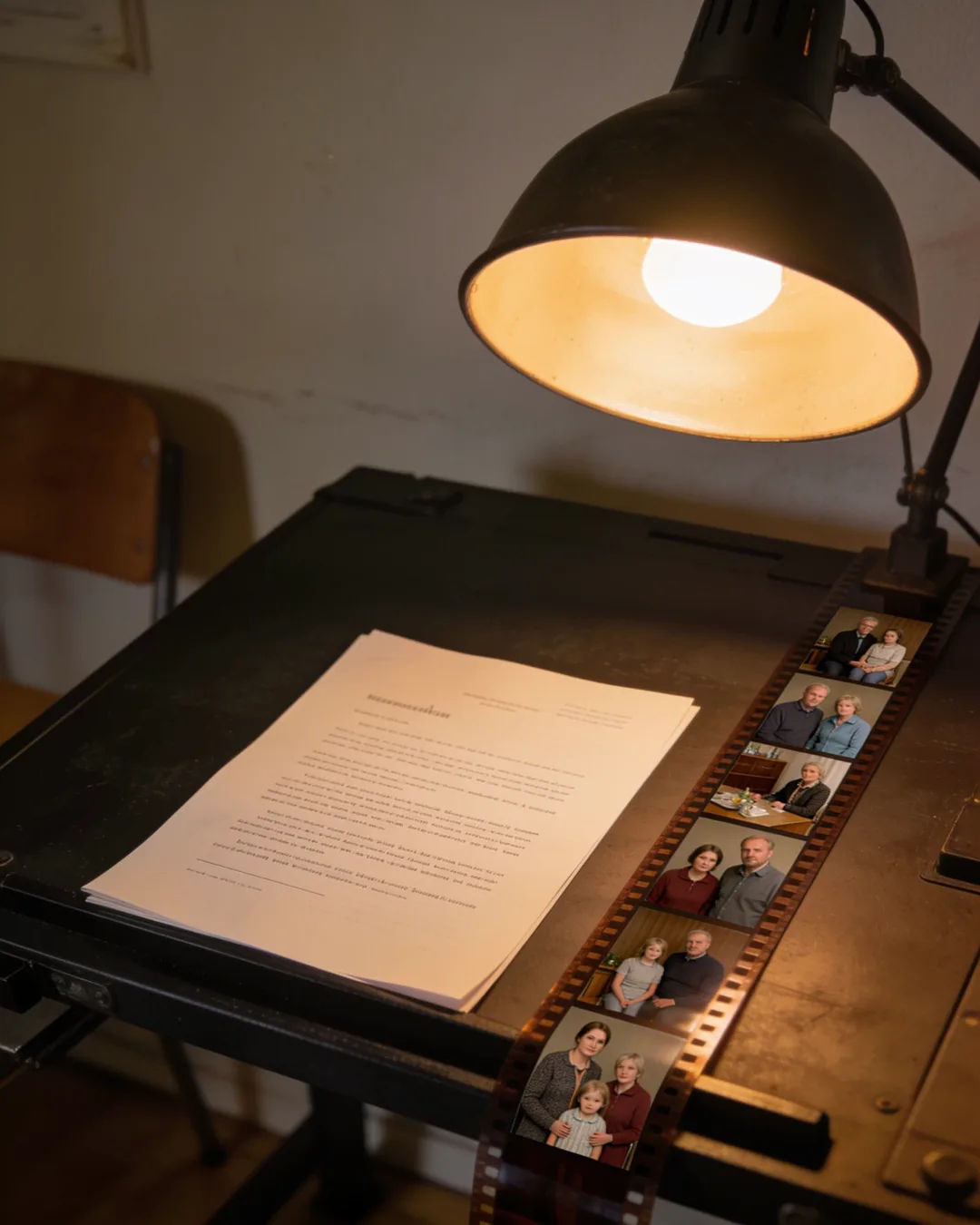 A screenplay page under a desk lamp beside a strip of film frames from a Finnish family drama
