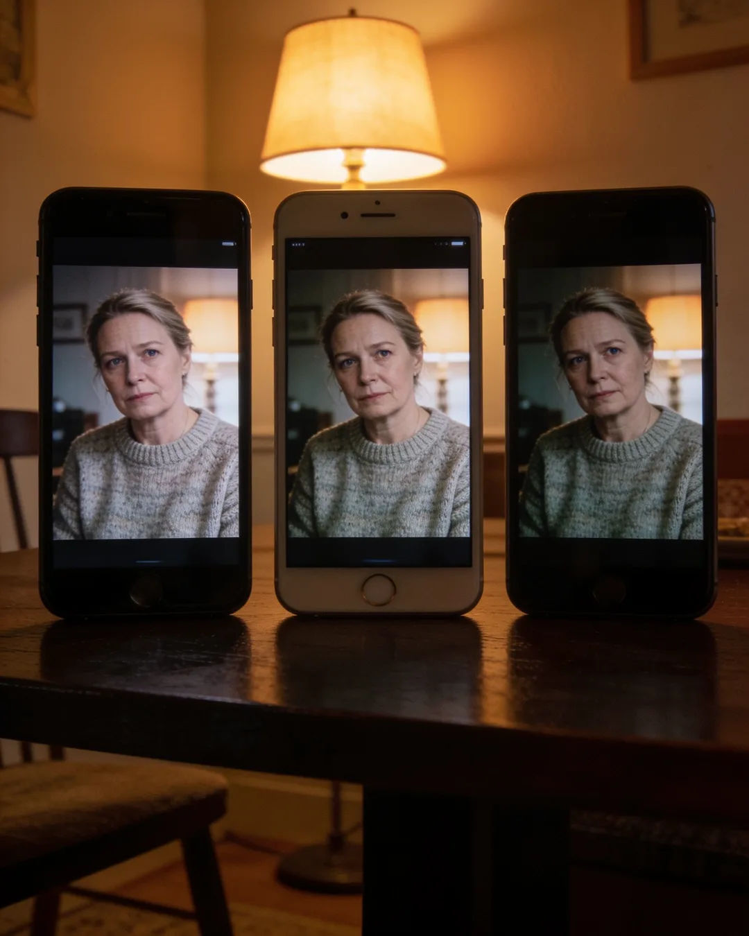 The same Finnish woman in a wool jumper on three vertical phone screens
