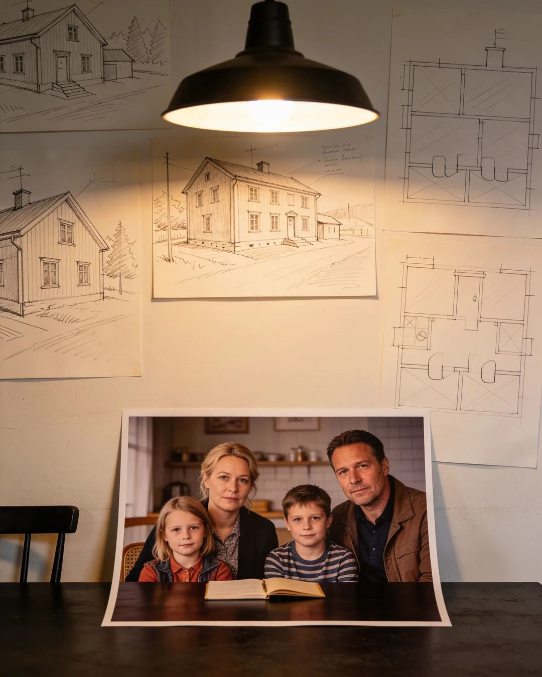 Pencil storyboard sketches around a finished photo of a Finnish family scene
