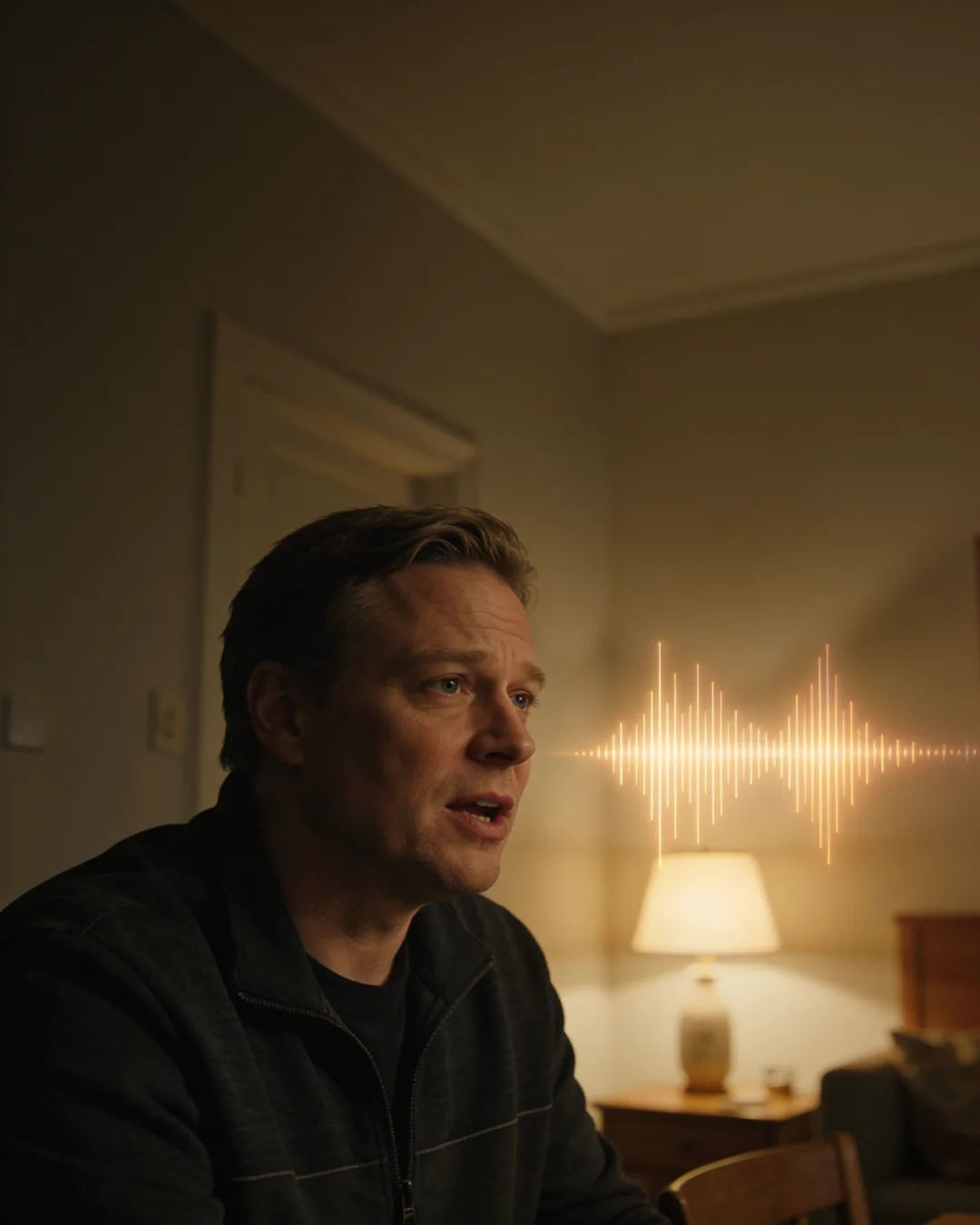 A Finnish man speaking at home at night, a sound waveform beside him