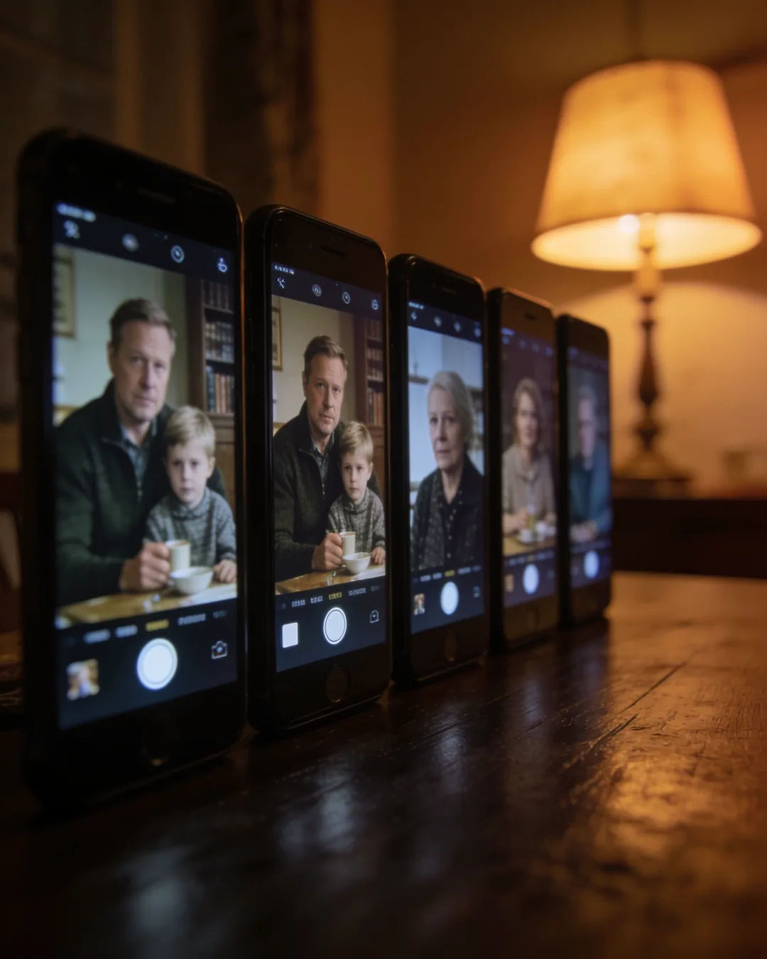 A row of phones showing episodes of the same Finnish drama series