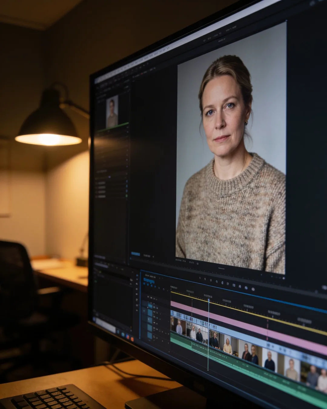 An editing suite with a vertical frame of a Finnish woman in a wool jumper above a timeline