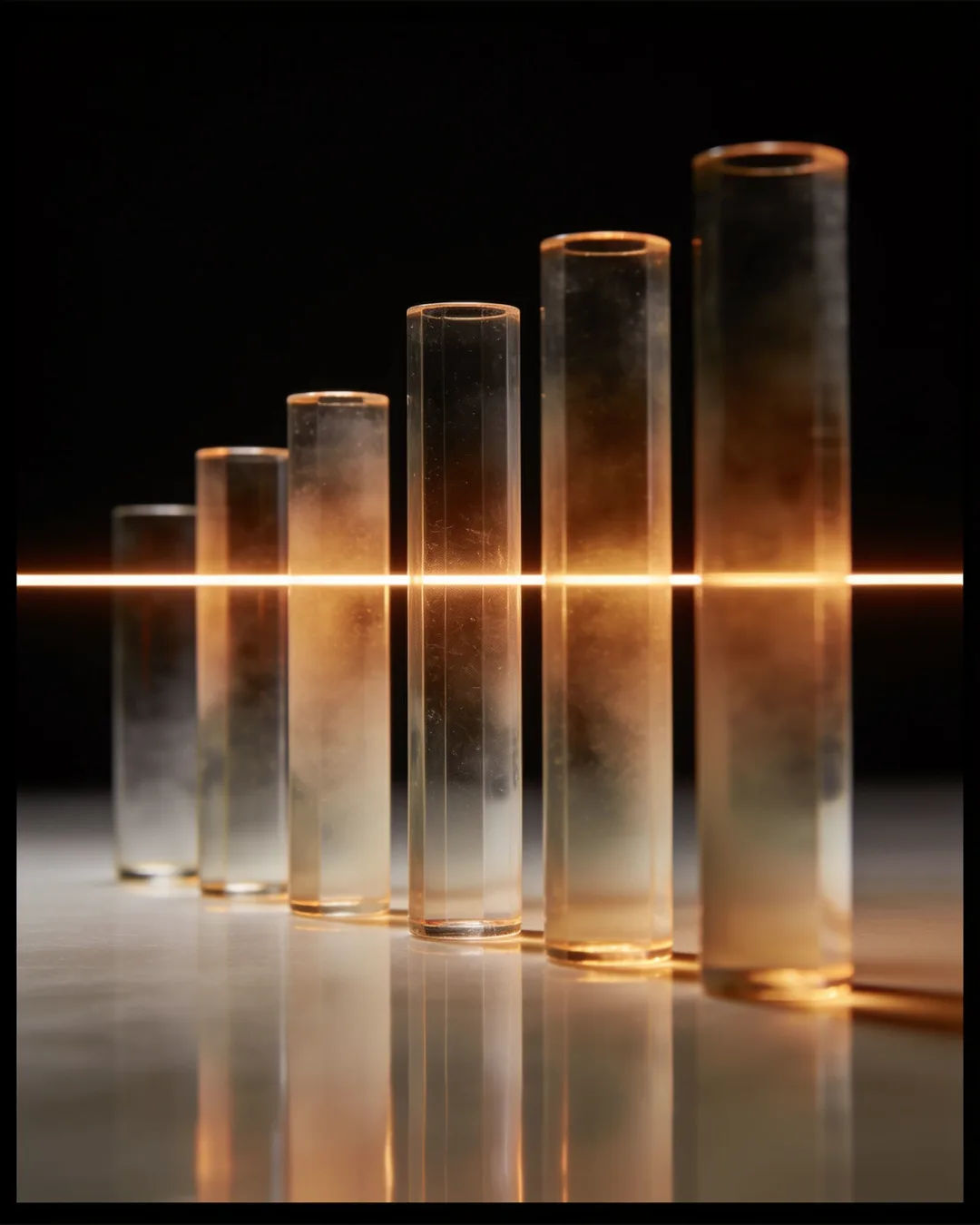 Glass columns of different heights with a glowing limit line