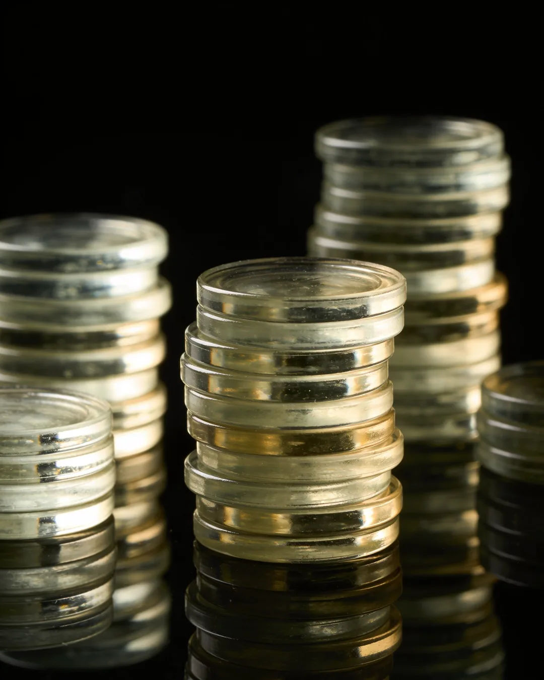 Stacks of glass tokens rising on a black ground