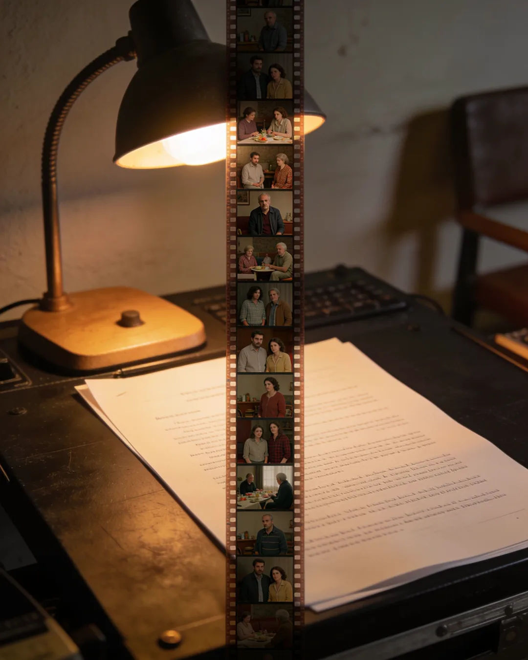 A screenplay page under a desk lamp beside a strip of film frames from a Galician Spanish family drama