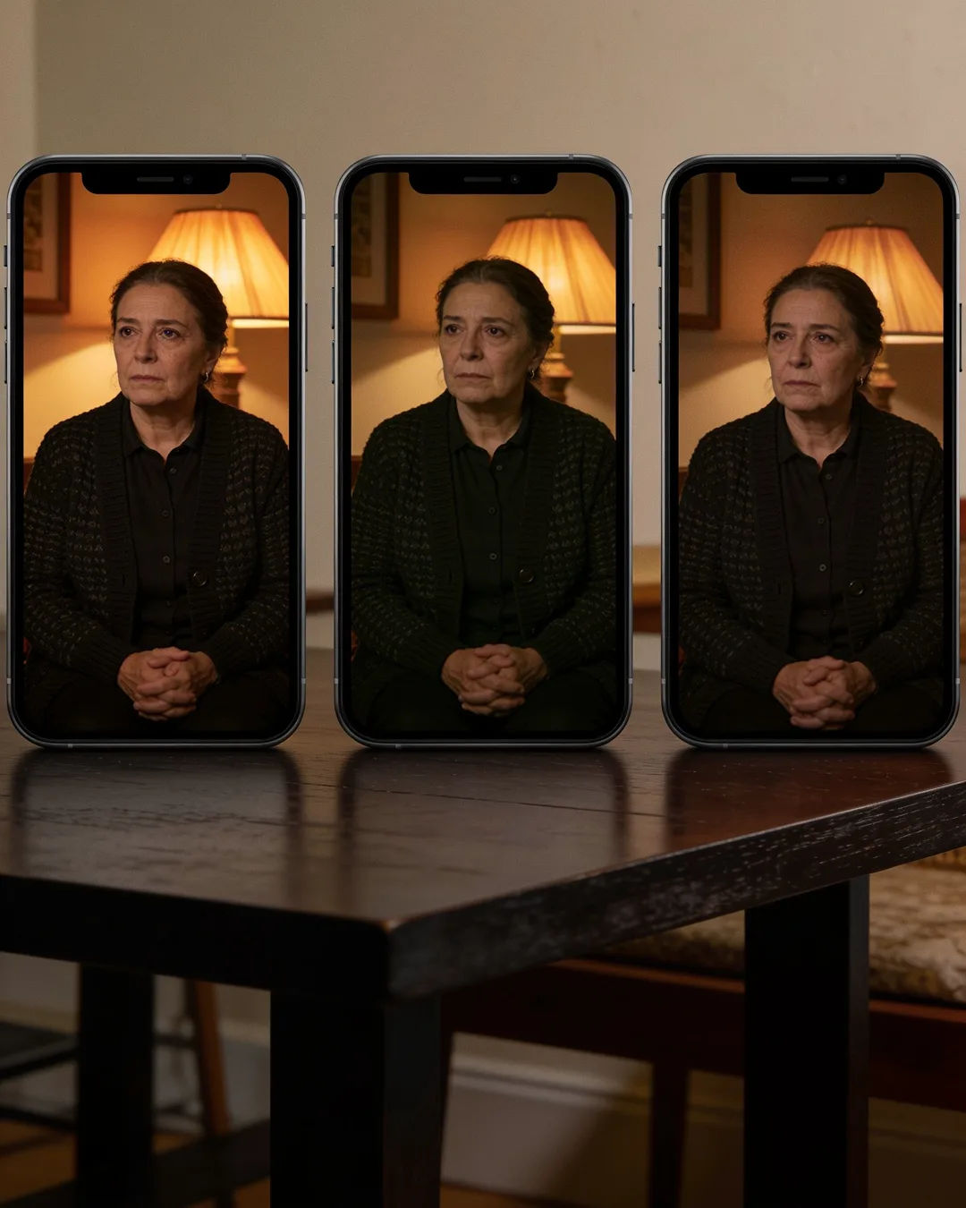 The same Galician Spanish woman in a dark knit cardigan on three vertical phone screens