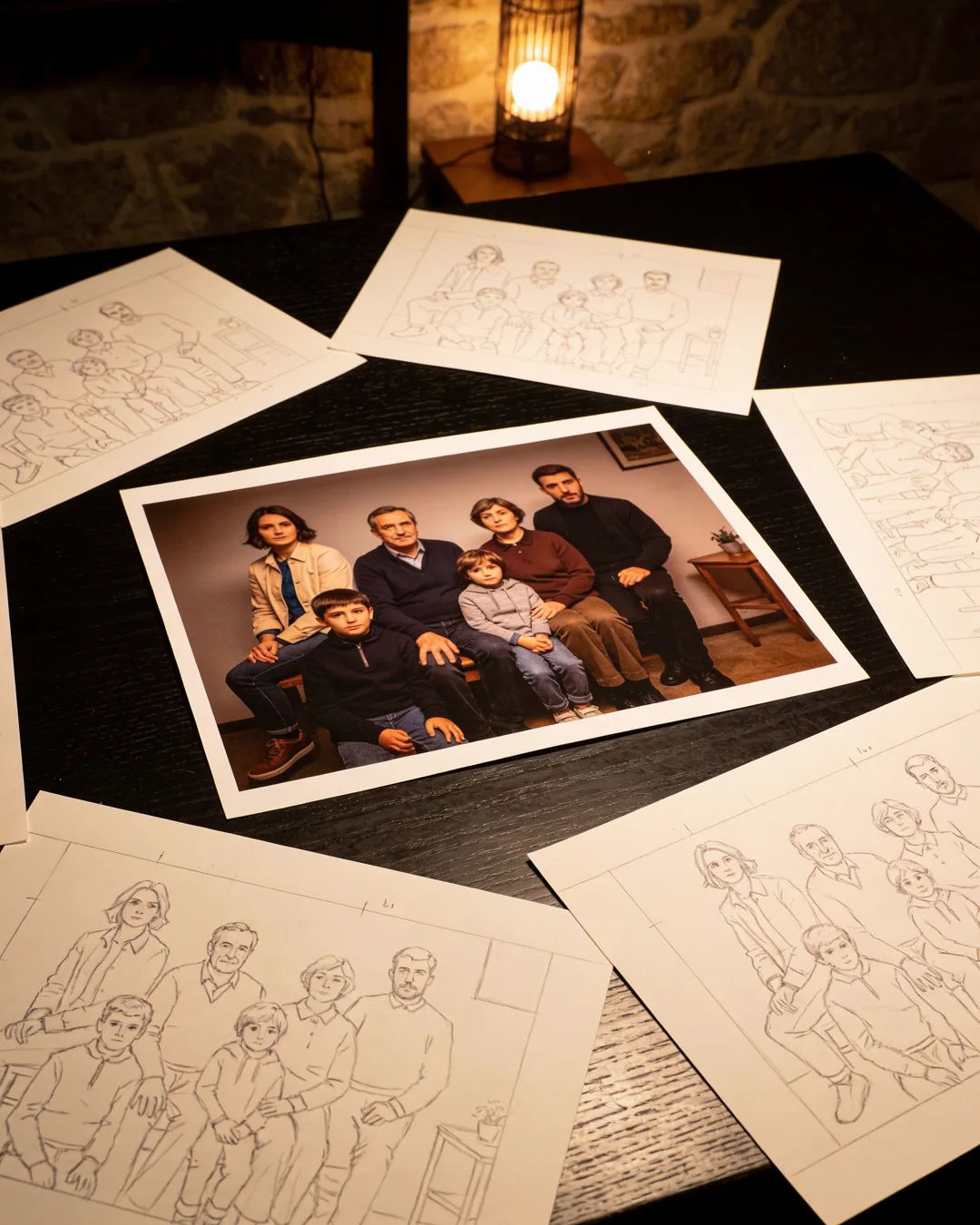 Pencil storyboard sketches around a finished photo of a Galician Spanish family scene
