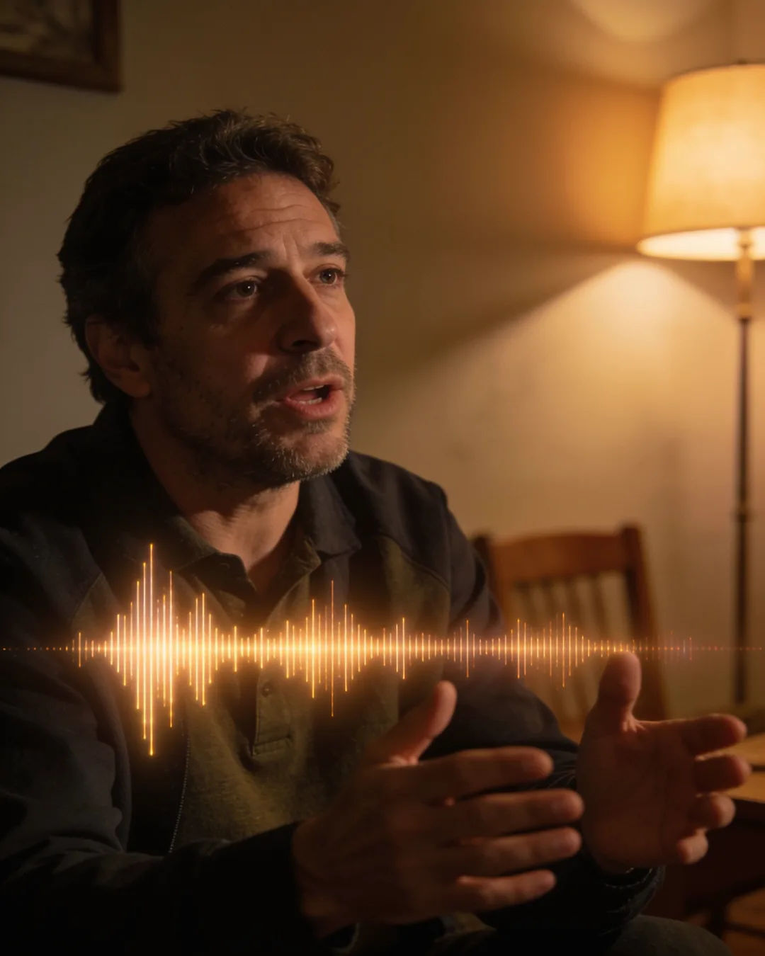 A Galician Spanish man speaking at home at night, a sound waveform beside him
