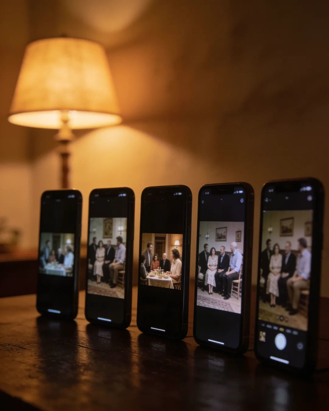 A row of phones showing episodes of the same family drama series