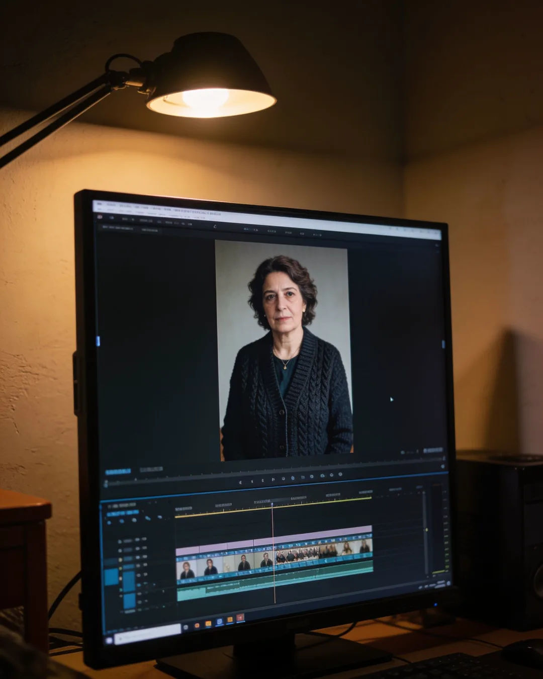 An editing suite with a vertical frame of a Galician Spanish woman in a dark knit cardigan above a timeline