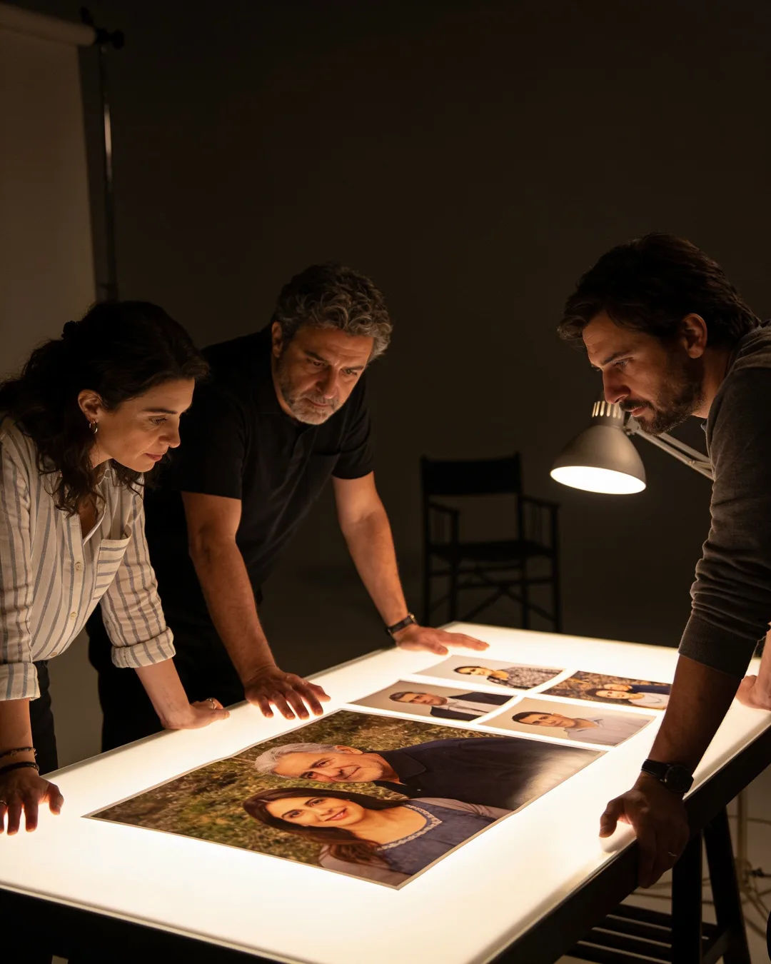 A Galician Spanish production team reviewing printed frames on a lit table