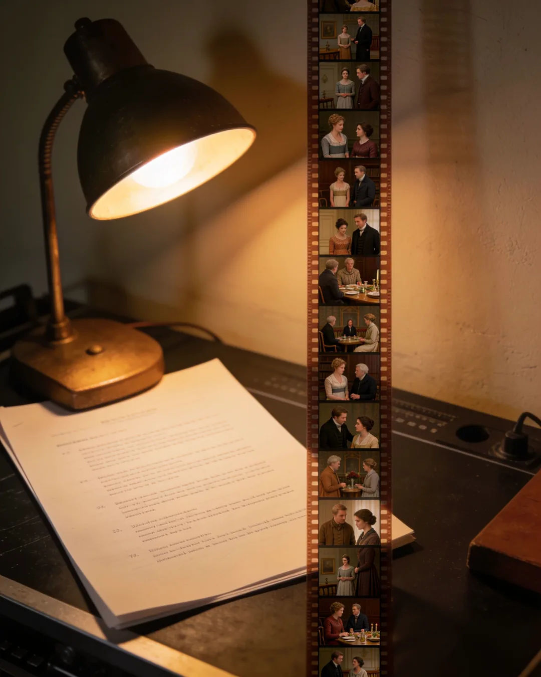 A screenplay page under a desk lamp beside a strip of film frames from a Georgian family drama