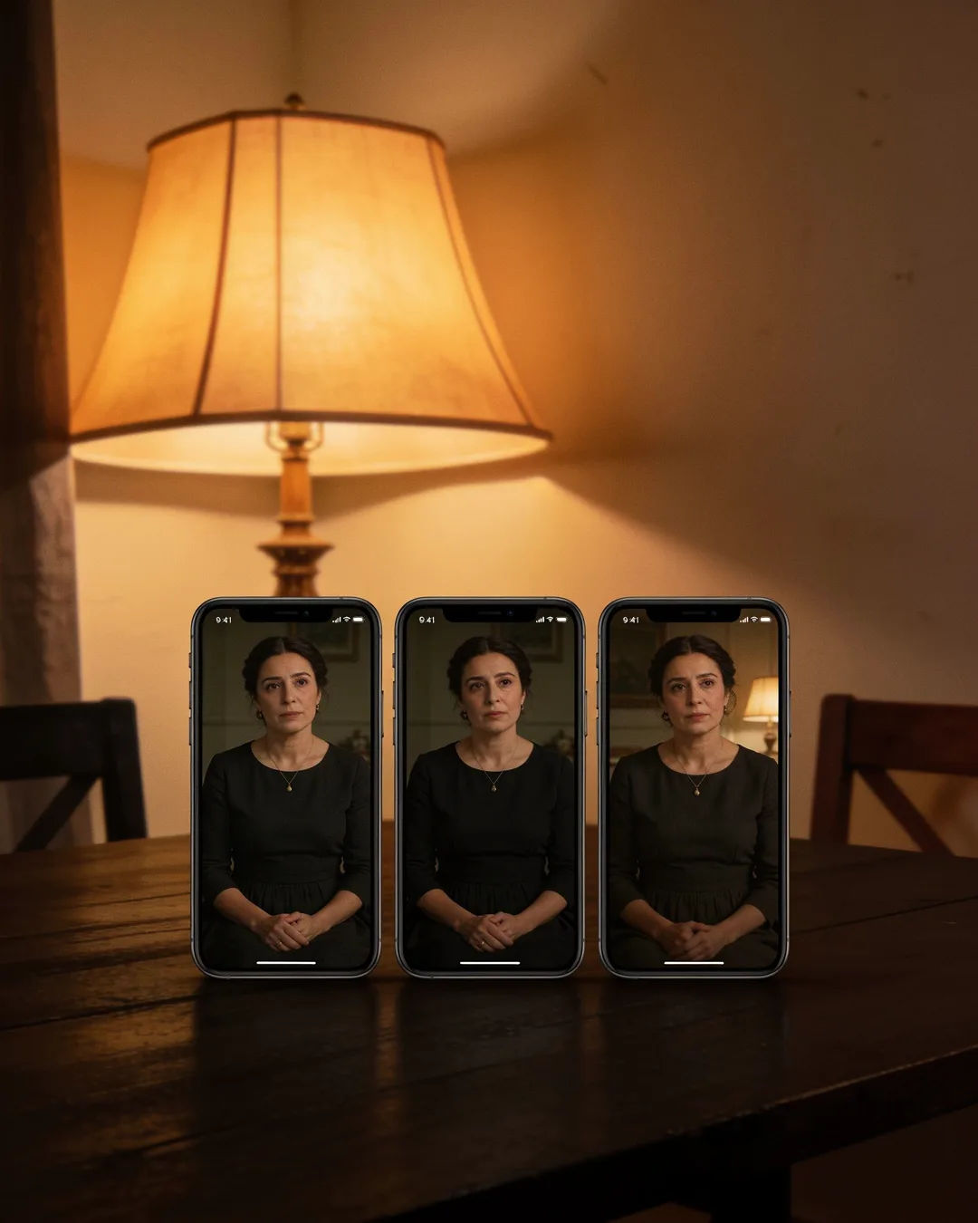 The same Georgian woman in a simple dark dress on three vertical phone screens