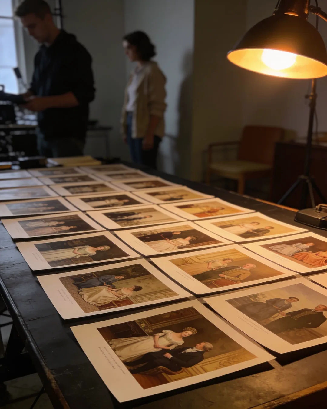 Storyboard cards of a Georgian family drama laid out on a production table