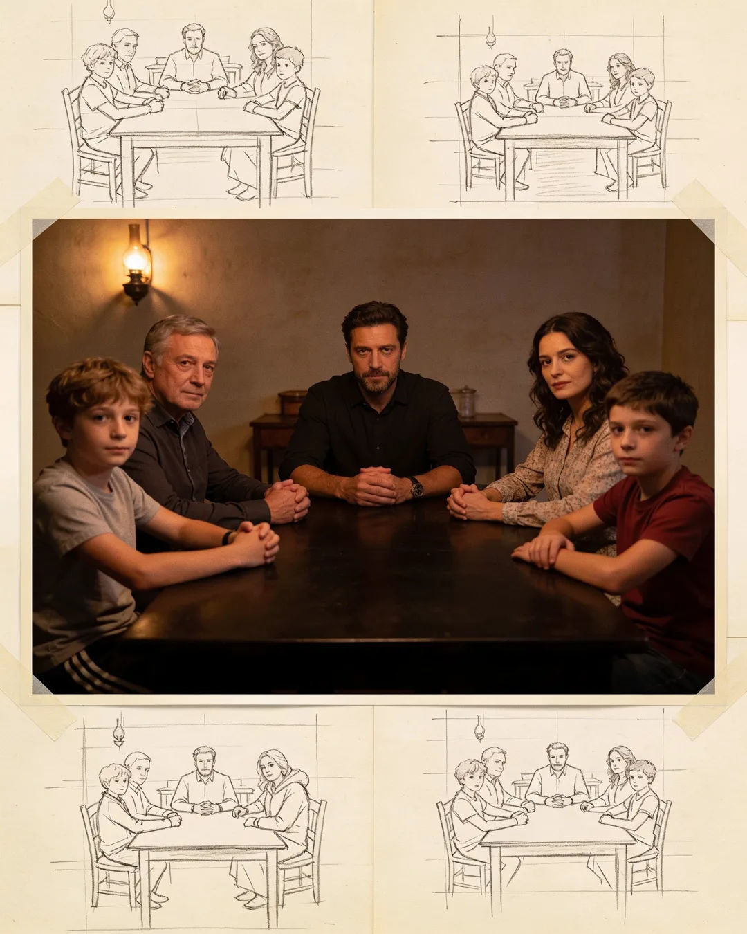 Pencil storyboard sketches around a finished photo of a Georgian family scene