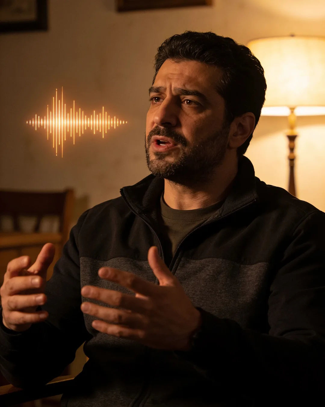 A Georgian man speaking at home at night, a sound waveform beside him