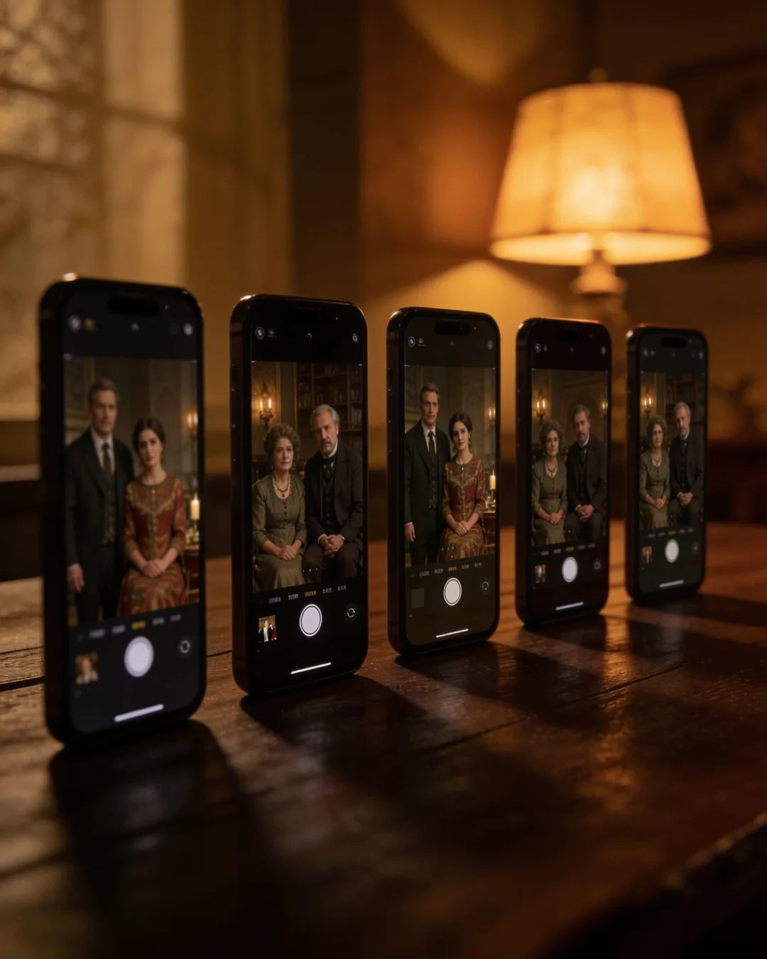 A row of phones showing episodes of the same Georgian drama series
