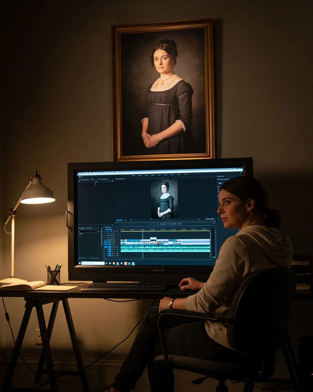An editing suite with a vertical frame of a Georgian woman in a simple dark dress above a timeline
