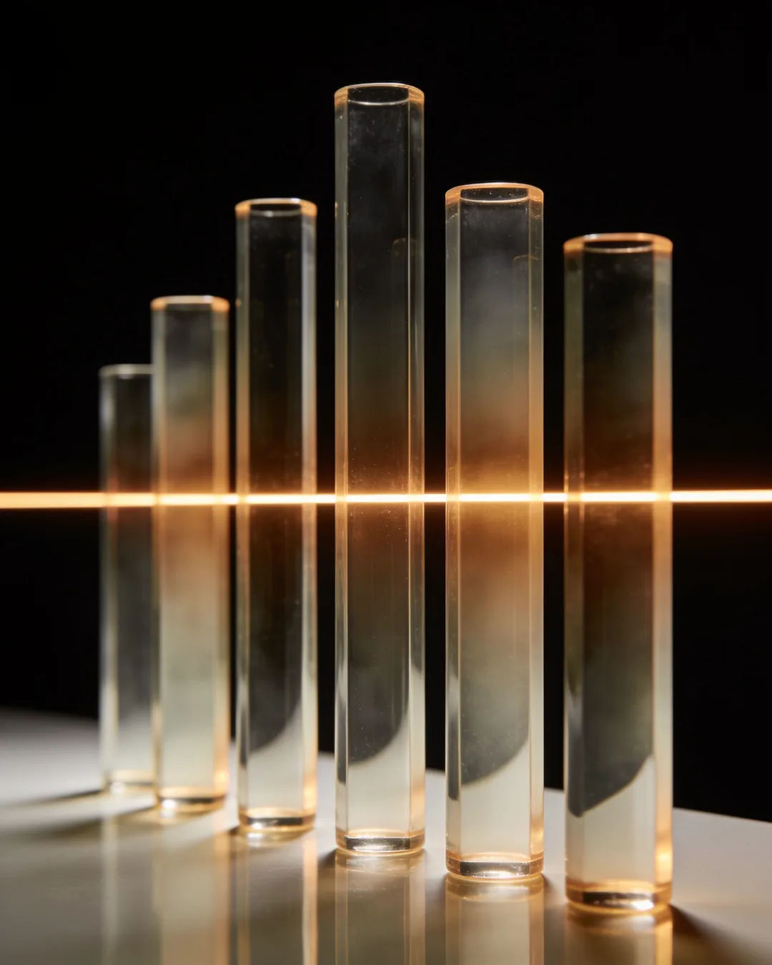 Glass columns of different heights with a glowing limit line