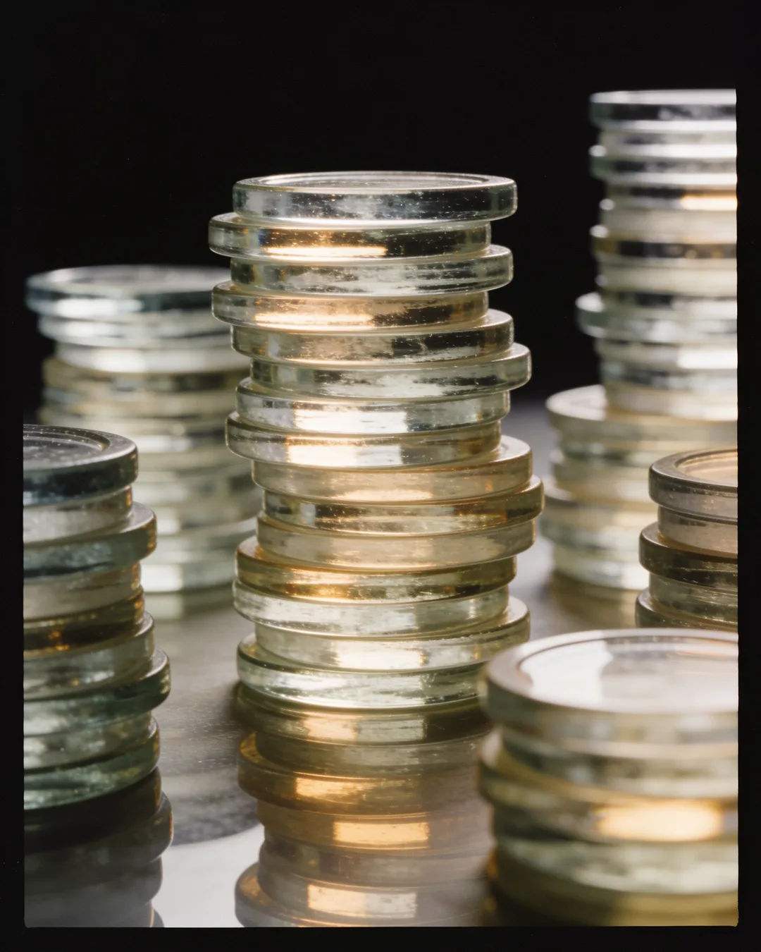 Stacks of glass tokens rising on a black ground