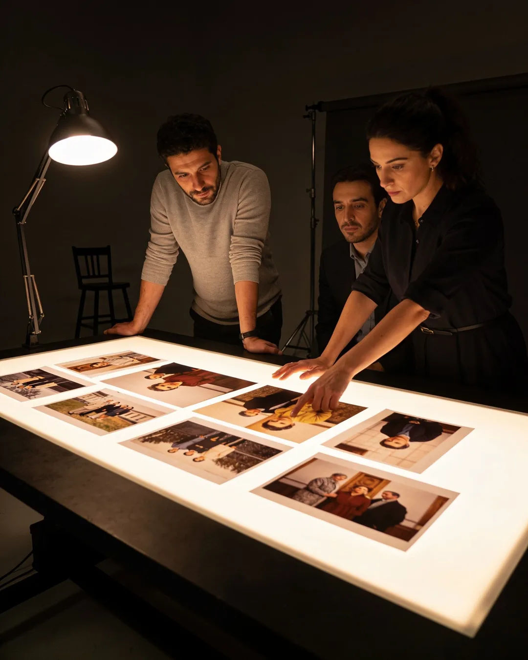 A Georgian production team reviewing printed frames on a lit table