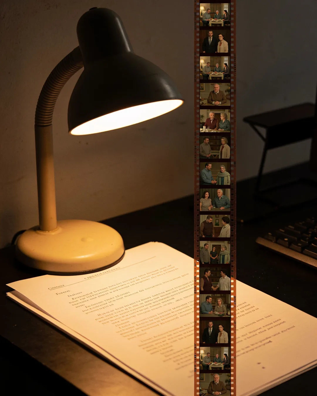 A screenplay page under a desk lamp beside a strip of film frames from a Greek family drama