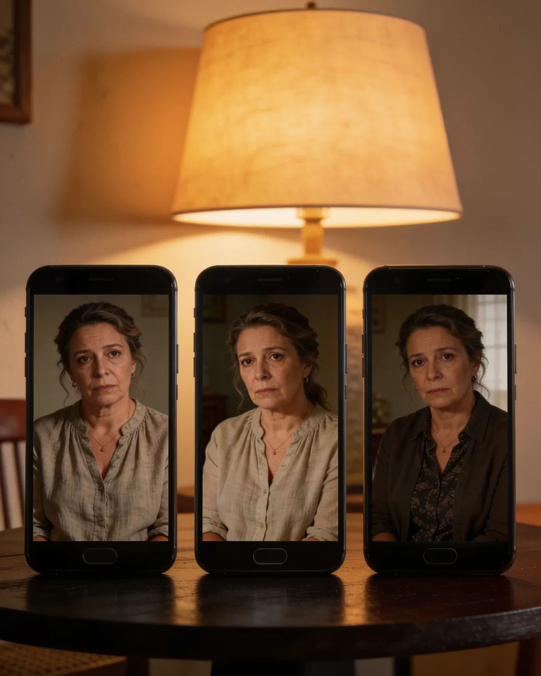 The same Greek woman in a linen blouse on three vertical phone screens