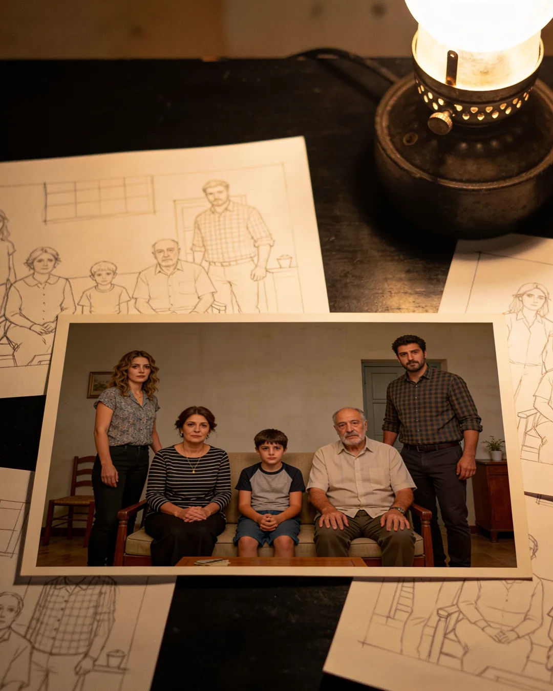 Pencil storyboard sketches around a finished photo of a Greek family scene