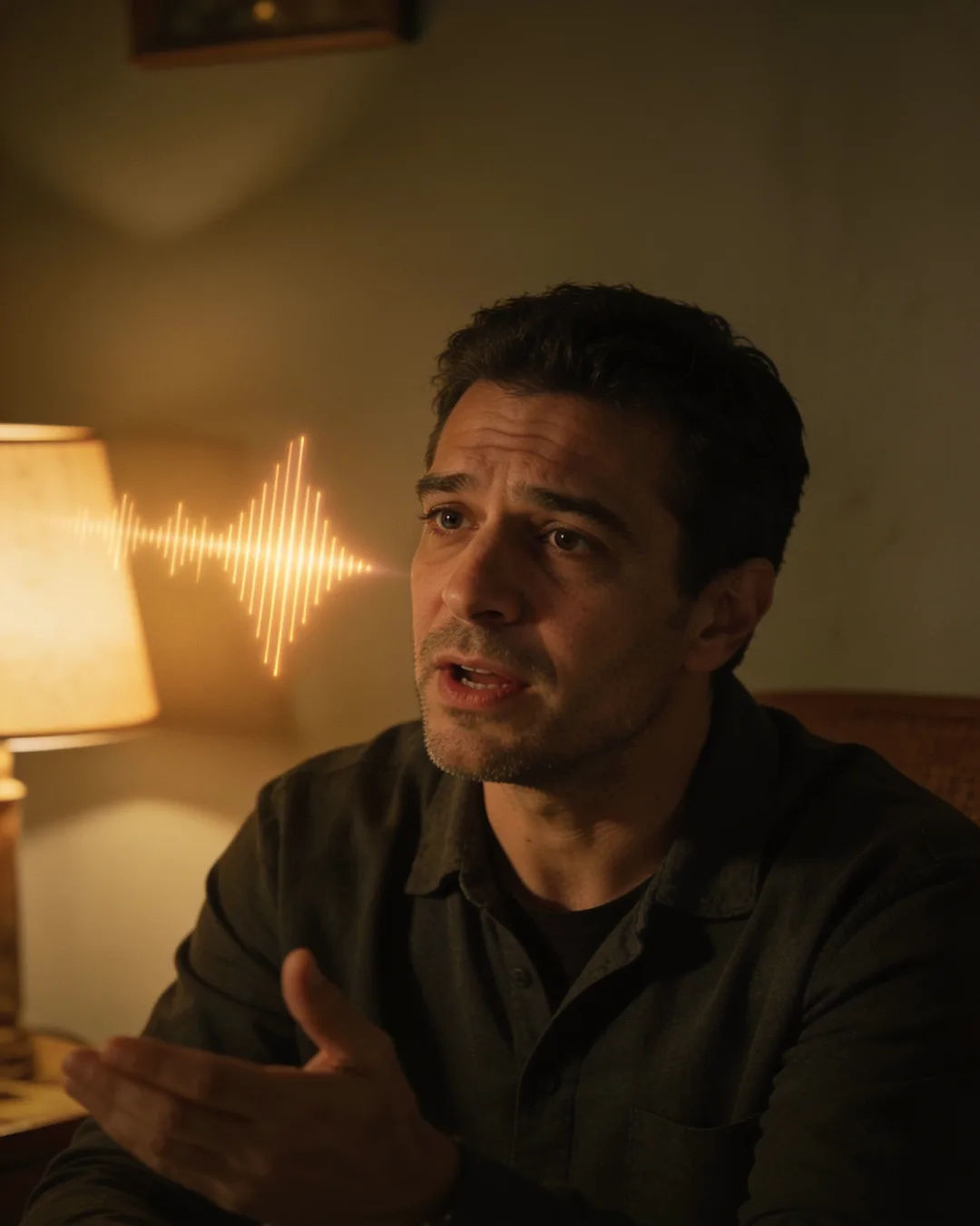 A Greek man speaking at home at night, a sound waveform beside him