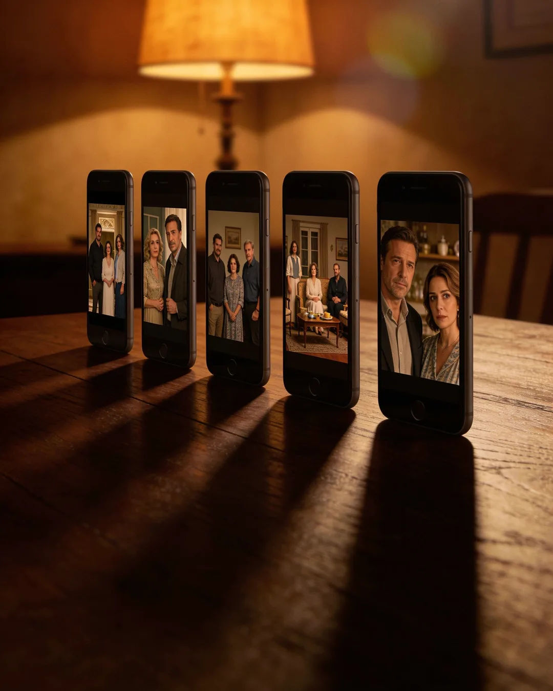 A row of phones showing episodes of the same Greek drama series