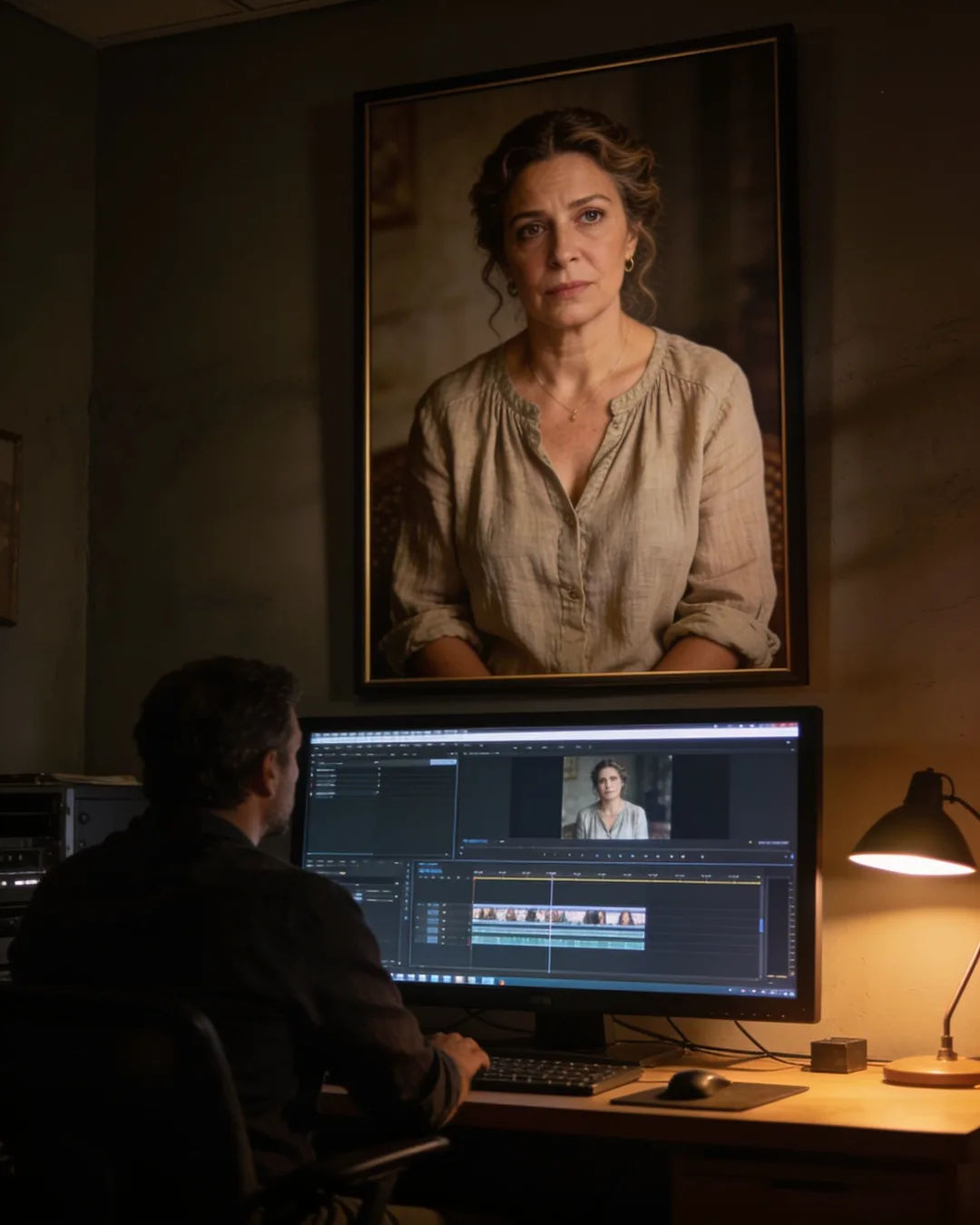 An editing suite with a vertical frame of a Greek woman in a linen blouse above a timeline