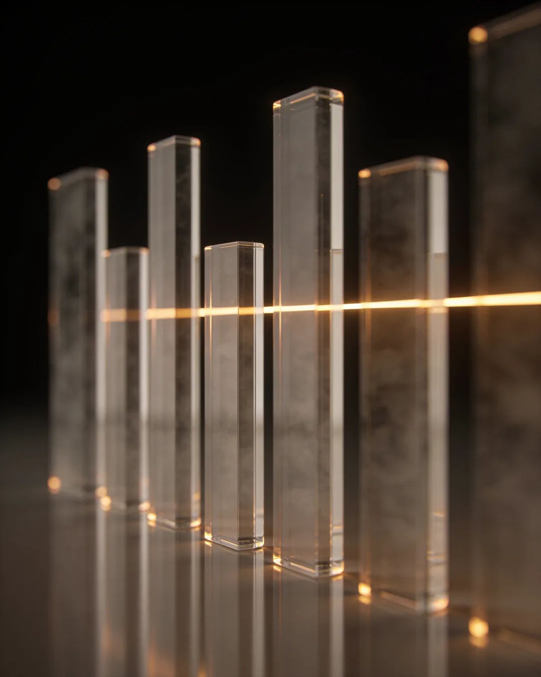Glass columns of different heights with a glowing limit line