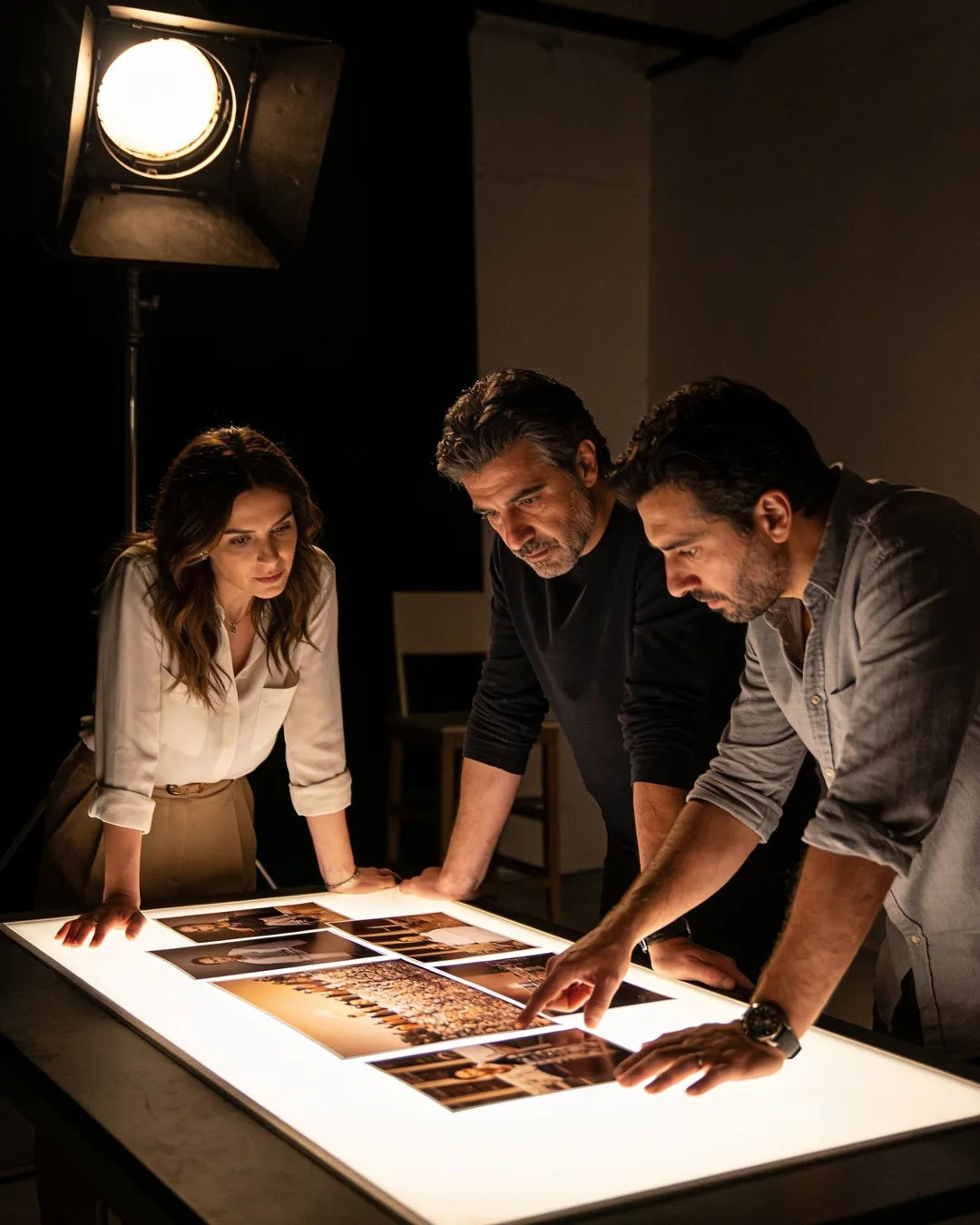 A Greek production team reviewing printed frames on a lit table