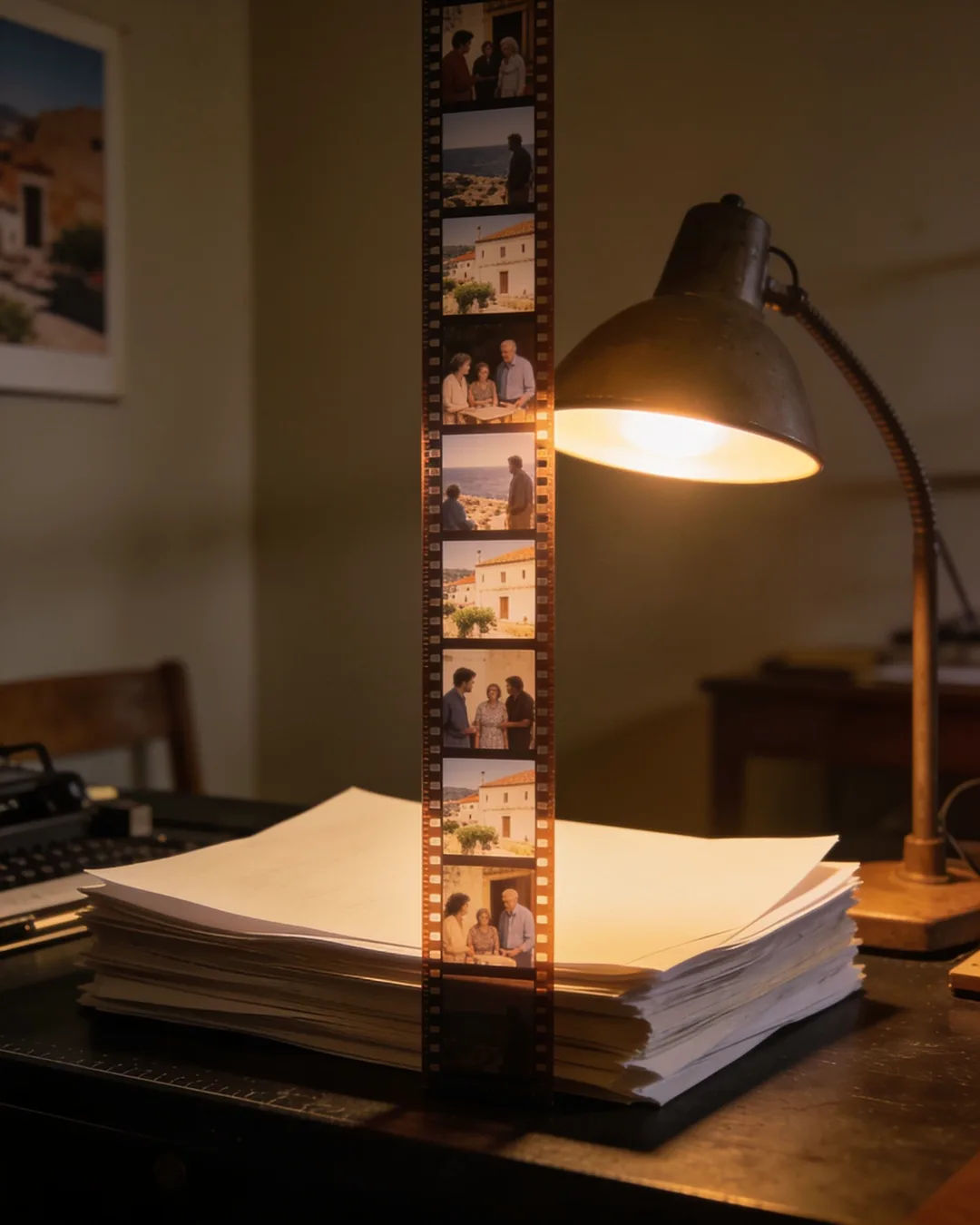 A stack of paper under a desk lamp beside a strip of film frames from a family drama