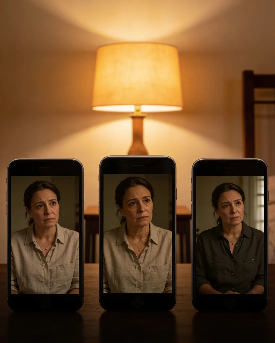 The same Israeli woman in a simple linen shirt on three vertical phone screens