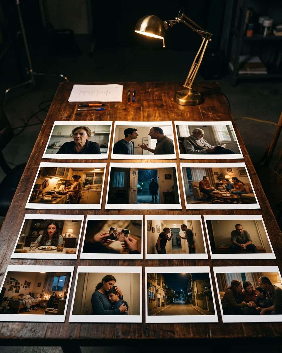 Storyboard cards of an Israeli family drama laid out on a production table